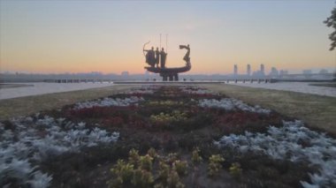 This stock video shows a monument to the founders of the city Kyiv in the morning at dawn, Ukraine in 8K resolution