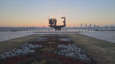 This stock video shows a monument to the founders of the city Kyiv in the morning at dawn, Ukraine in 8K resolution