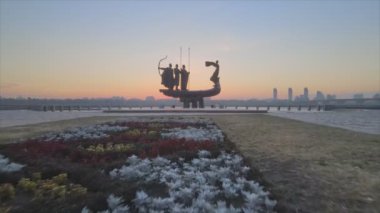 This stock video shows a monument to the founders of the city Kyiv in the morning at dawn, Ukraine in 8K resolution