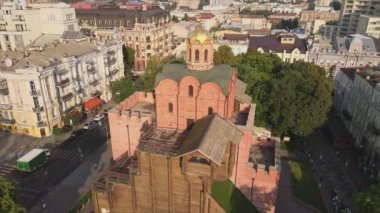 This stock video shows an aerial view of the Golden Gate in Kyiv, Ukraine in 8K resolution