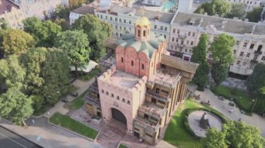 This stock video shows an aerial view of the Golden Gate in Kyiv, Ukraine in 8K resolution