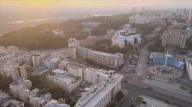 This stock footage shows aerial view of Kyiv, Ukraine at sunrise in the morning in 8K resolution