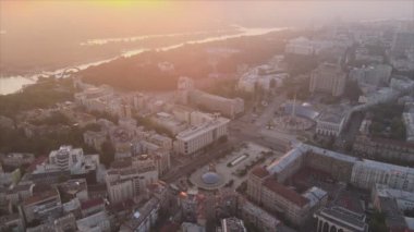 This stock footage shows aerial view of Kyiv, Ukraine at sunrise in the morning in 8K resolution