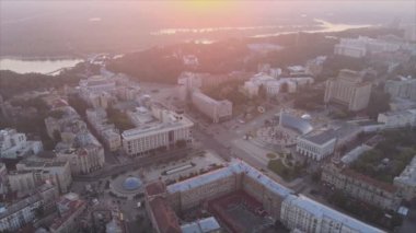 This stock footage shows aerial view of Kyiv, Ukraine at sunrise in the morning in 8K resolution