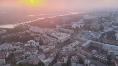 This stock footage shows aerial view of Kyiv, Ukraine at sunrise in the morning in 8K resolution