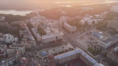 This stock footage shows aerial view of Kyiv, Ukraine at sunrise in the morning in 8K resolution