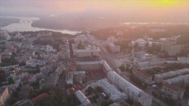 This stock footage shows aerial view of Kyiv, Ukraine at sunrise in the morning in 8K resolution