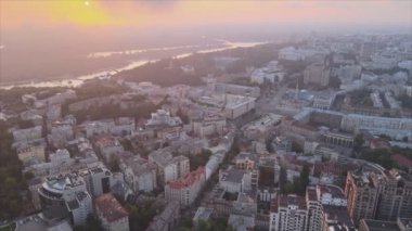 This stock footage shows aerial view of Kyiv, Ukraine at sunrise in the morning in 8K resolution