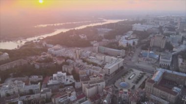 This stock footage shows aerial view of Kyiv, Ukraine at sunrise in the morning in 8K resolution