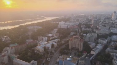This stock footage shows aerial view of Kyiv, Ukraine at sunrise in the morning in 8K resolution