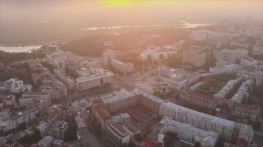 This stock footage shows aerial view of Kyiv, Ukraine at sunrise in the morning in 8K resolution