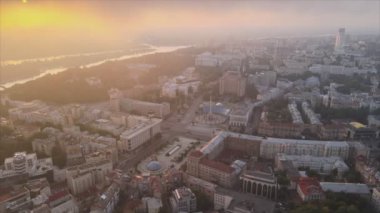 This stock footage shows aerial view of Kyiv, Ukraine at sunrise in the morning in 8K resolution
