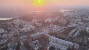 This stock footage shows aerial view of Kyiv, Ukraine at sunrise in the morning in 8K resolution
