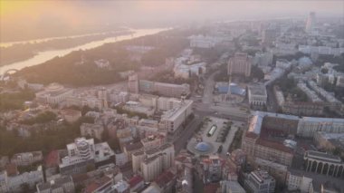 This stock footage shows aerial view of Kyiv, Ukraine at sunrise in the morning in 8K resolution