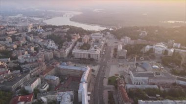 This stock footage shows aerial view of Kyiv, Ukraine at sunrise in the morning in 8K resolution