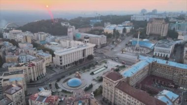 This stock footage shows aerial view of Kyiv, Ukraine at sunrise in the morning in 8K resolution