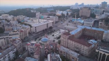 This stock footage shows aerial view of Independence Square in Kyiv, Ukraine in 8K resolution