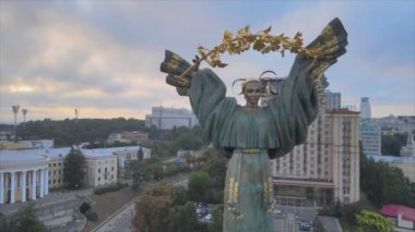 This stock footage shows aerial view of monument on Independence Square in Kyiv at dawnin 8K resolution