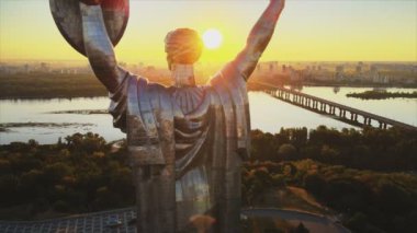 This stock footage shows aerial view of Motherland Monument in Kyiv, Ukraine in 8K resolution