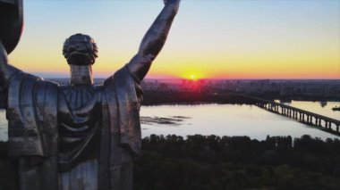 This stock footage shows aerial view of Motherland Monument in Kyiv, Ukraine in 8K resolution