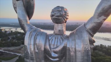 This stock footage shows aerial view of Motherland Monument in Kyiv, Ukraine in 8K resolution