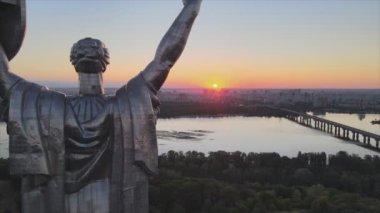 This stock footage shows aerial view of Motherland Monument in Kyiv, Ukraine in 8K resolution