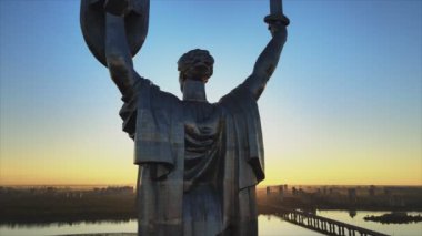 This stock footage shows aerial view of Motherland Monument in Kyiv, Ukraine in 8K resolution