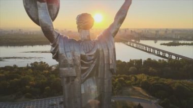 This stock footage shows aerial view of Motherland Monument in Kyiv, Ukraine in 8K resolution
