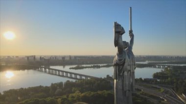 This stock footage shows aerial view of Motherland Monument in Kyiv, Ukraine in 8K resolution