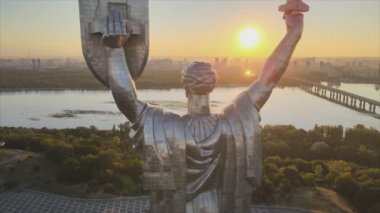 This stock footage shows aerial view of Motherland Monument in Kyiv, Ukraine in 8K resolution