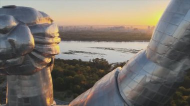This stock footage shows aerial view of Motherland Monument in Kyiv, Ukraine in 8K resolution