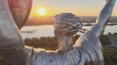 This stock footage shows aerial view of Motherland Monument in Kyiv, Ukraine in 8K resolution