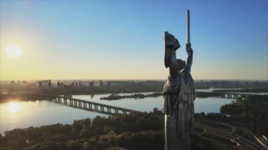 This stock footage shows aerial view of Motherland Monument in Kyiv, Ukraine in 8K resolution