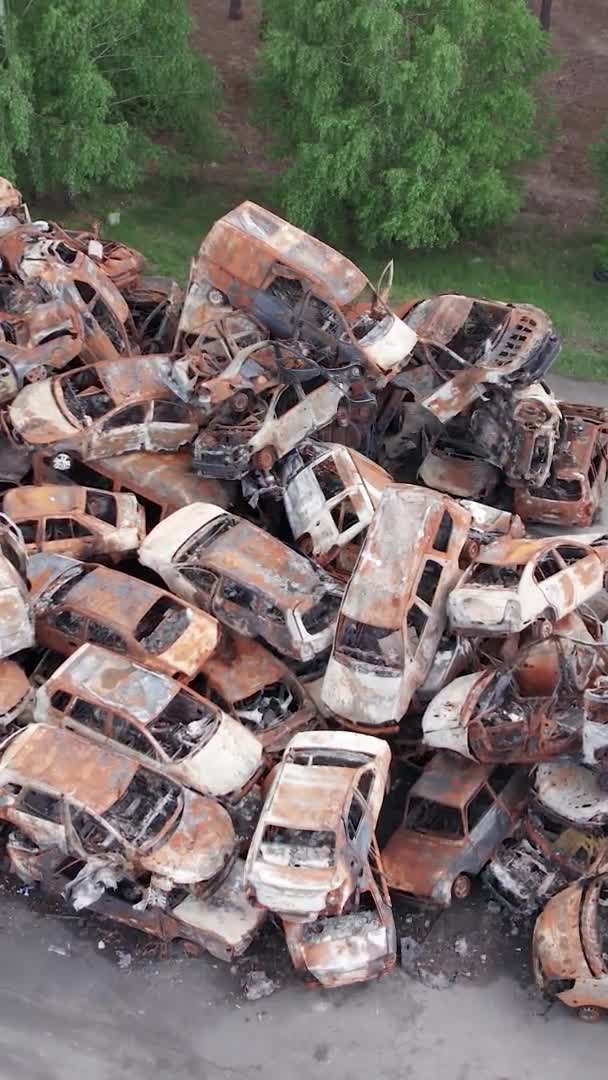 Questo Video Verticale Mostra Una Discarica Auto Sparate Bruciate Nel — Video Stock