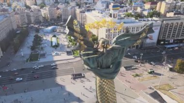 This stock footage shows aerial view of monument in the center of Kyiv, Ukraine in 8K resolution