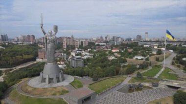 This stock footage shows aerial view of Motherland Monument in Kyiv, Ukraine in 8K resolution