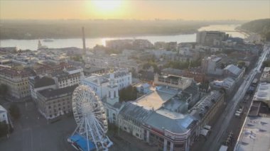 This stock footage shows aerial view of historical district of Kyiv, Ukraine - Podil in the morning at dawn in 8K resolution