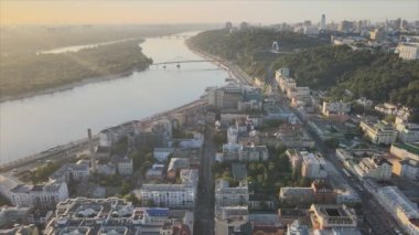This stock footage shows aerial view of historical district of Kyiv, Ukraine - Podil in the morning at dawn in 8K resolution