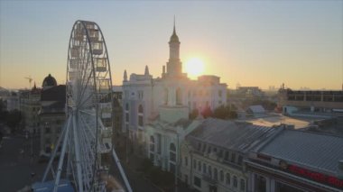 This stock footage shows aerial view of historical district of Kyiv, Ukraine - Podil in the morning at dawn in 8K resolution