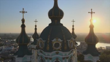 This stock footage shows aerial view of St. Andrews Church in Kyiv, Ukraine in 8K resolution