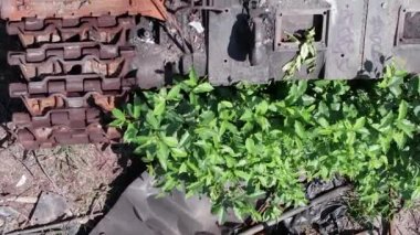 Bu stok dikey video Ukrayna 'daki imha edilmiş askeri ekipmanların hava görüntüsünü gösteriyor.