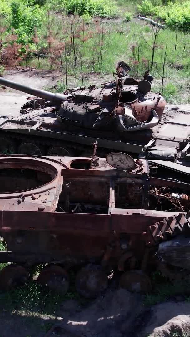 Stock Vertical Video Shows Aerial View Destroyed Military Equipment Ukraine — Video