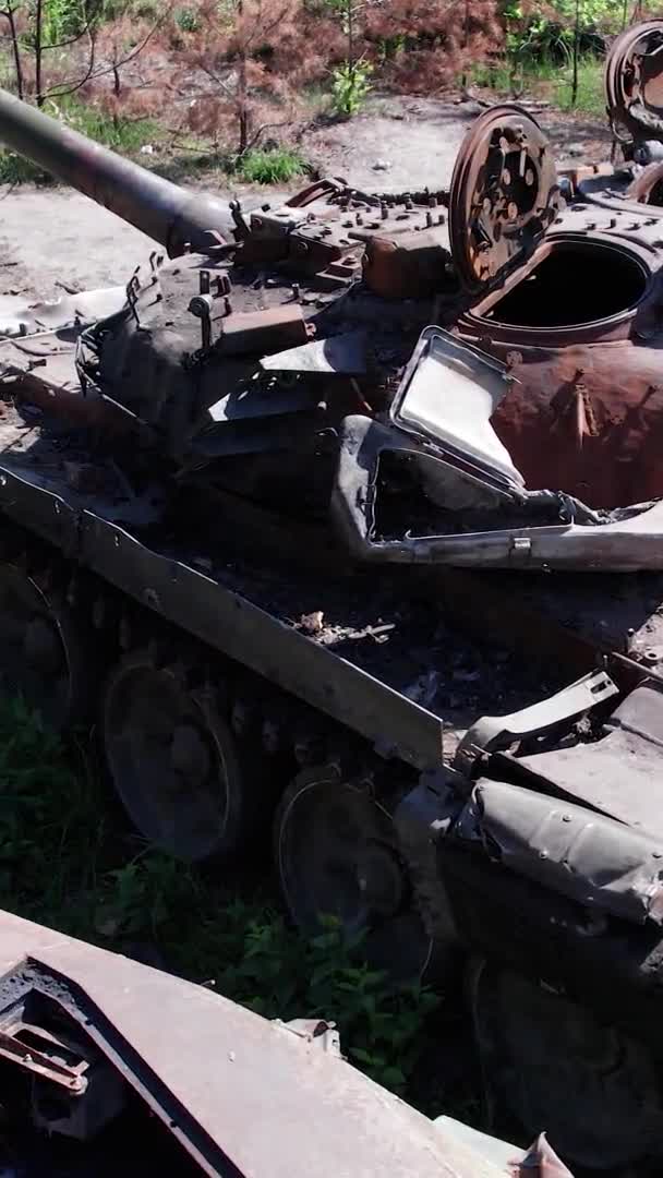 Stock Vertical Video Shows Aerial View Destroyed Military Equipment Ukraine — Stock Video