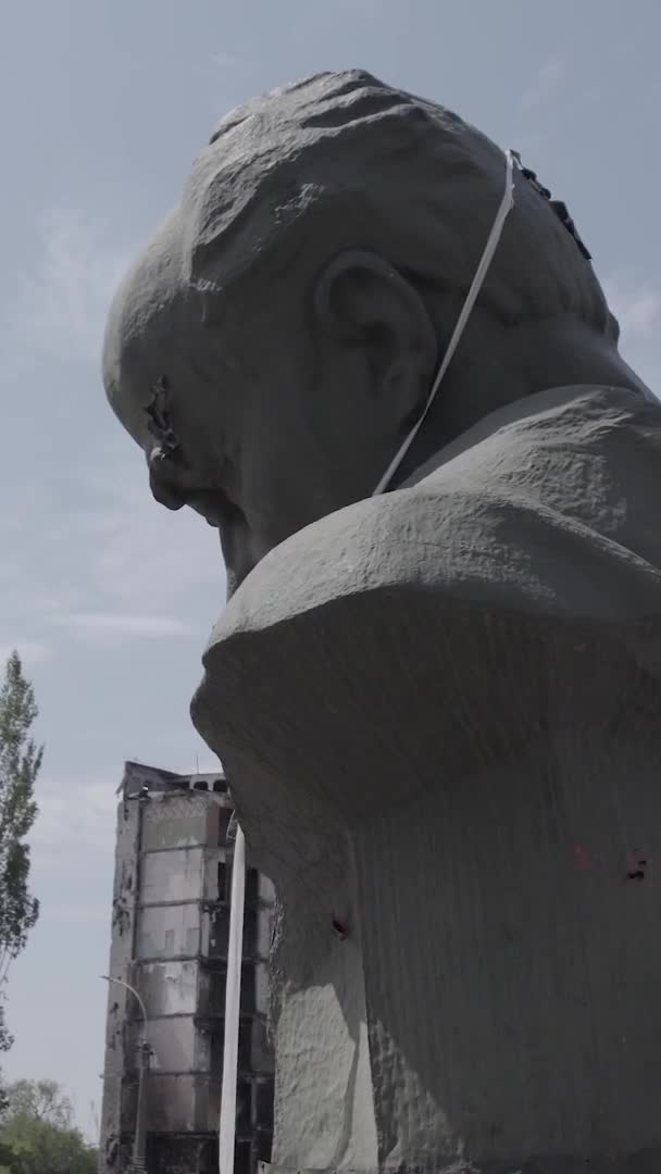 この垂直ビデオは 戦争中のウクライナ ボロヤンカのタラス シェフチェンコへのショットスルー記念碑を示しています — ストック動画