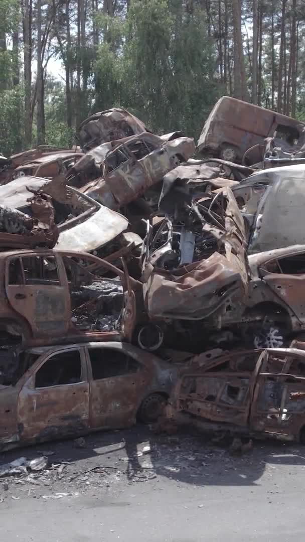 Stock Vertical Video Shows Dump Shot Burned Cars Irpin Bucha — Stock Video