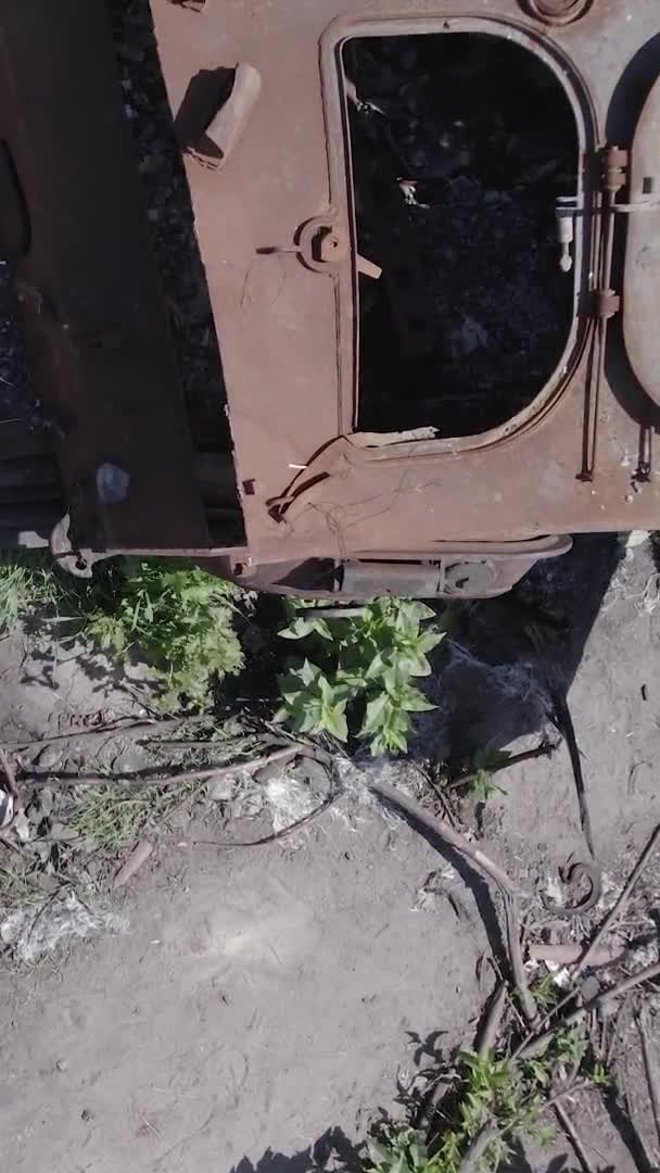 Stock Vertical Video Shows Aerial View Destroyed Military Equipment Ukraine — Stockvideo