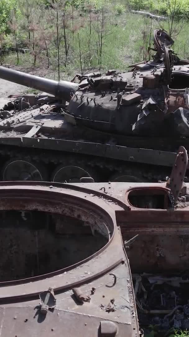 Stock Vertical Video Shows Aerial View Destroyed Military Equipment Ukraine — Stock Video