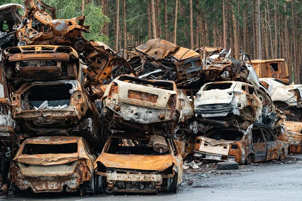 Stock Photo Shows Dump Shot Burned Cars Irpin Bucha District — Stock Photo, Image
