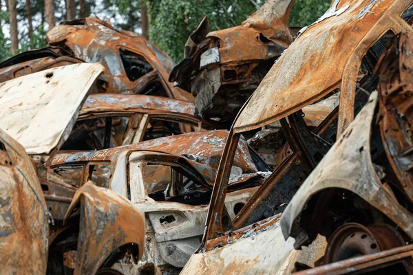 Esta Foto Mostra Uma Descarga Tiro Carros Queimados Irpin Distrito — Fotografia de Stock