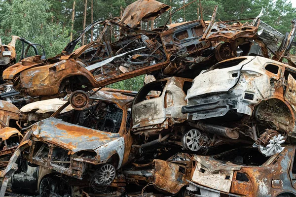 Esta Foto Mostra Uma Descarga Tiro Carros Queimados Irpin Distrito — Fotografia de Stock